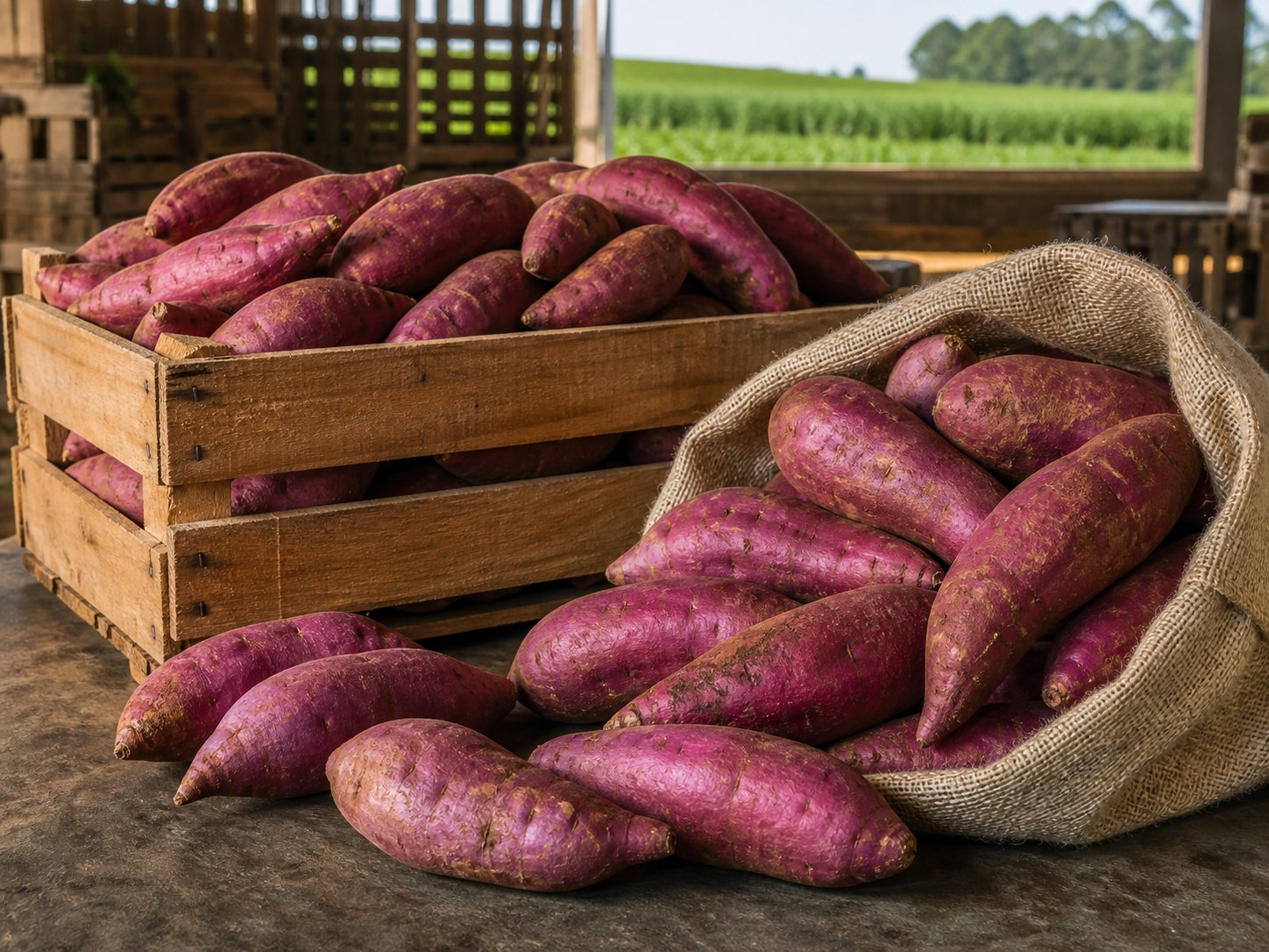 Batatas-doces selecionadas em caixa e saco de fibra